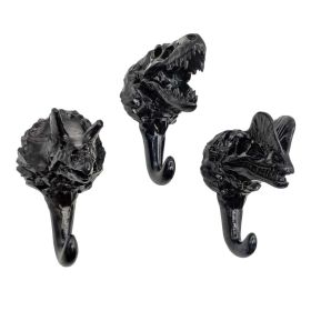 3pcs Simulated Dinosaur Fossils Hooks Skeleton Resin Wall Hangers Easy-Mounted Coat Hooks Heavy Duty,Bright Black