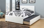 Twin Size Bed w/ Trundle Slats White Faux Leather Upholstered Plywood Kids Youth Bedroom Furniture Wooden Slats