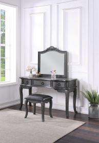 Contemporary Grey Finish Vanity Set w Stool Retro Style Drawers cabriole-tapered legs Mirror w floral crown molding Bedroom Furniture