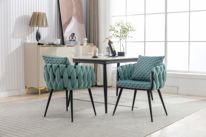 Blue Modern Velvet Dining Chairs Set of 2 Hand Weaving Accent Chairs Living Room Chairs Upholstered Side Chair with Black Metal Legs for Dining Room K