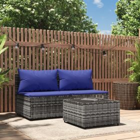 3 Piece Patio Lounge Set with Cushions Gray Poly Rattan