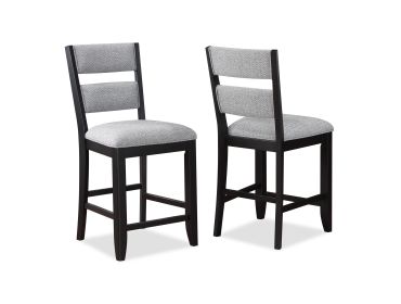 2pc Set Black Farmhouse Style Ladder Back Counter Height Side Chair Stool Gray Color Upholstered Seat and Back Dining Room Wooden Furniture