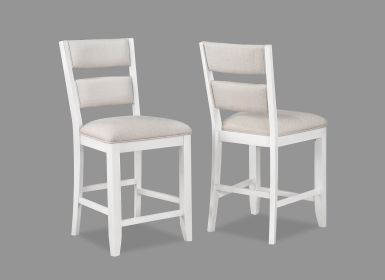 2pc Set White Farmhouse Style Ladder Back Counter Height Side Chair Stool Cream Color Upholstered Seat and Back Dining Room Wooden Furniture