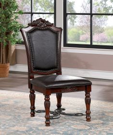 Majestic Traditional Set of 2pcs Side Chairs Brown Cherry Solid wood Faux Wood Carved Details Black Leatherette Seats Formal Dining Room Furniture