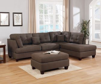 Modern 3pc Sectional Sofa Set Reversible Chaise Sofa Ottoman Black Coffee Polyfiber Linen Like Fabric Living Room Furniture Couch