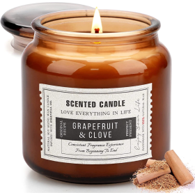 Grapefruit & Clove Scented Candles for Home, Soy Wax Amber Glass Jar Decorative Aromatherapy Candle, 15.5oz