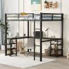 Full Metal Loft Bed with Desk and Shelves, Loft Bed with Ladder and Guardrails, Loft Bed Frame for Bedroom, Black with Vintage wood-colored desk