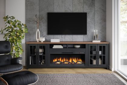 Bridgevine Home Essex 97 inch Fireplace TV Stand Console for TVs up to 100 inches, Minimal Assembly, Black and Whiskey Finish