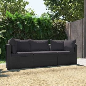 3 Piece Patio Sofa Set with Cushions Poly Rattan Black