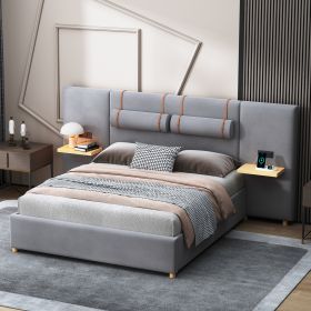 Queen Upholstered Platform Bed, Two Outlets and USB Charging Ports on Both Sides, Two Bedside Pillows, Storage Shelves, Velvet,Gray