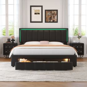 3-Pieces Bedroom Sets,Queen Size Upholstered Bed with LED Lights and Two Motion Activated Night Lights,PU Nightstand with 2 Drawers and Crystal Handle