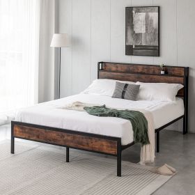 Black Full Metal Bed Frame with Wooden Headboard and and Footboard and Iron Slats, Rustic Bed Base, Heavy Duty Platform Bed Frame