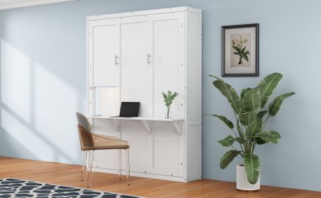 Full Size Murphy Bed,61.5-inch Cabinet Bed Folding Wall Bed with Desk Combo Perfect for Guest Room, Study, Office, White(old sku:BS311609AAC)