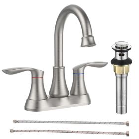 Bathroom Faucet Brushed Nickel with Pop-up Drain & Supply Hoses Two-Handle 360 Degree High Arc Swivel Spout Centerset 4 Inch Vanity Sink Faucet 4011B-