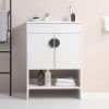 24" Bathroom Vanity,with White Ceramic Basin,Two Cabinet Doors with black zinc alloy handles,Solid Wood,Excluding faucets,white