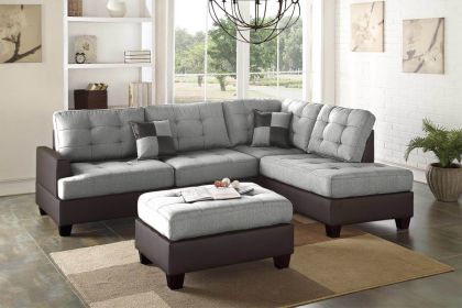 Contemporary Sectional Sofa Grey Polyfiber Linen Like Fabric Cushion Tufted Reversible 3pc Sectional Sofa L/R Chaise Ottoman Living Room Furniture Pil