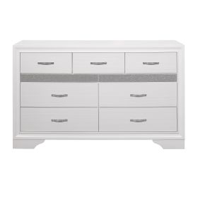 Modern Glam Dresser of 7 Drawers White and Silver Glitter Hidden Jewelry Drawers Ball Bearing Glides Modern Wooden Bedroom Furniture