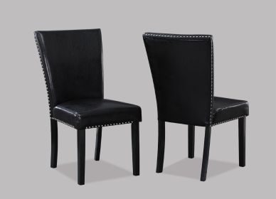 2pc Transitional Upholstered Side Chair with Nailhead Trim Black Faux Leather Upholstery Tufted Nail-head Dining Room Wooden Furniture