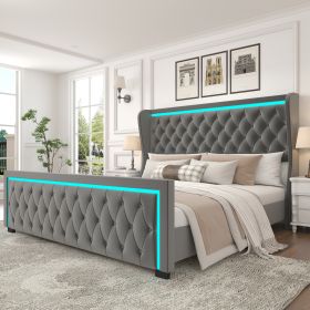 King Platform Bed Frame With High headboard, Velvet Upholstered Bed with Deep Tufted Buttons, Adjustable Colorful LED Light Decorative Headboard