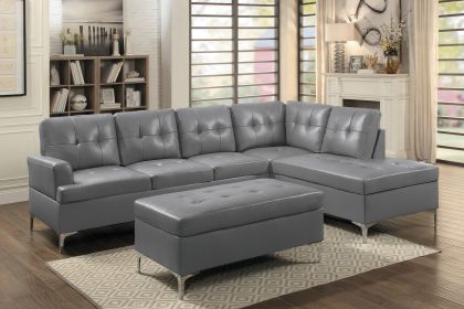 Contemporary Gray 3pc Sectional Sofa with RSF Chaise Ottoman Tufted Detail Faux Leather Upholstered Solid Wood Living Room Furniture L-Shape Sofa Chai