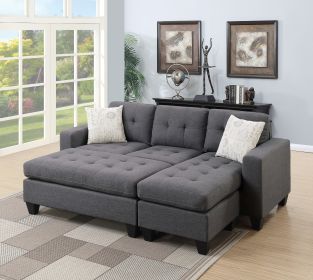 Blue Grey Polyfiber Linen Like Fabric 3pcs Reversible Sectional Sofa Chaise w Ottoman Chaise Tufted Couch Lounge Living Room Furniture