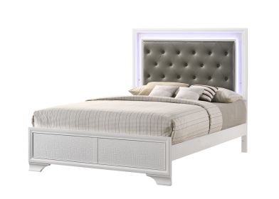 Modern White Crocodile Skin Finish Upholstered 1pc Queen Size LED Panel Bed Faux Diamond Tufted Bedroom Furniture