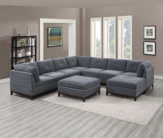 Ash Grey Chenille Fabric Modular Sectional 9pc Set Living Room Furniture Corner Sectional Couch 3x Corner Wedge 4x Armless Chairs and 2x Ottomans Tuft