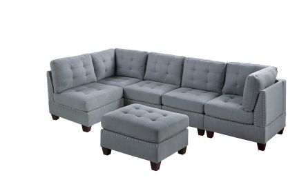 Contemporary Modular Sectional 6pc Set Living Room Furniture Corner Sectional Gray Linen Like Fabric Tufted Nail heads 2x Corner Wedge 3x Armless Chai