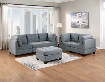 Modular Sofa Set 6pc Set Living Room Furniture Sofa Loveseat Tufted Couch Nail heads Gray Linen Like Fabric 4x Corner Wedge 1x Armless Chair and 1x Ot