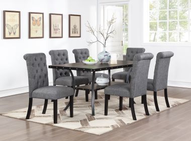 Classic Dining Room Furniture Natural Wooden Rectangle Top Dining Table 6x Side Chairs Charcoal Fabric Tufted Toll Back Top Back Chair and Storage She