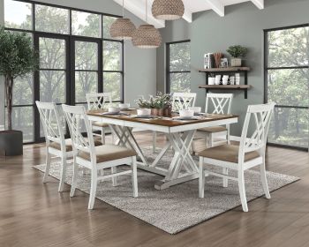 Modern Style White and Oak Finish 7pc Dining Set Table w Extension Leaf 6x Side Chairs Upholstered Seat Charming Traditional Dining Room Furniture