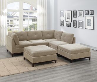 Camel Chenille Fabric Modular Sectional 6pc Set Living Room Furniture Corner L-Sectional Couch 2x Corner Wedge 2x Armless Chairs and 2x Ottomans Tufte