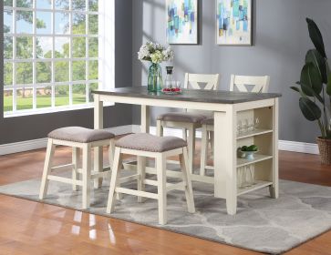 Modern Contemporary 5pc Counter Height High Dining Table w Storage Shelves High Chairs And Stools Wooden Kitchen Breakfast Table Dining Room Furniture