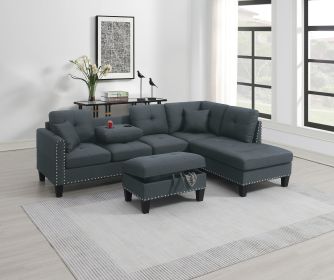 Living Room Furniture 3-PCS Sectional Sofa Set LAF Sofa RAF Chaise And Storage Ottoman Cup Holder Charcoal Color Linen-Like Fabric Couch