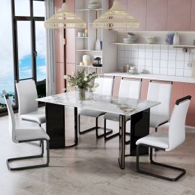 Table and chair set. A white imitation marble desktop with MDF legs and gold metal decorative strips. Paired with 4 dining chairs with white backrest