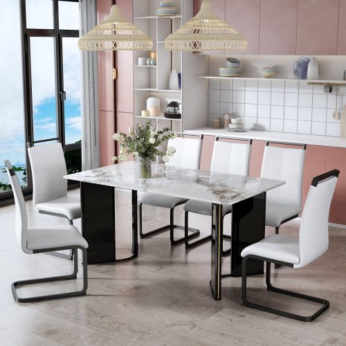 Table and chair set. A white imitation marble desktop with MDF legs and gold metal decorative strips. Paired with 4 dining chairs with white backrest Table and chair set. A white imitation marble desktop with MDF legs and gold metal decorative strips. Paired with 4 dining chairs with white backrest