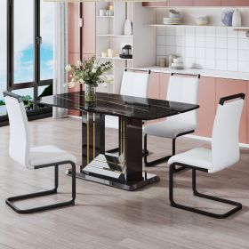 A table and four chairs. The table features a black imitation marble pattern tabletop and black gold MDF legs. The chair has a white PU backrest cushi