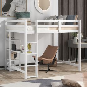 Full Size Loft Bed with Built-in Desk and Shelves,White