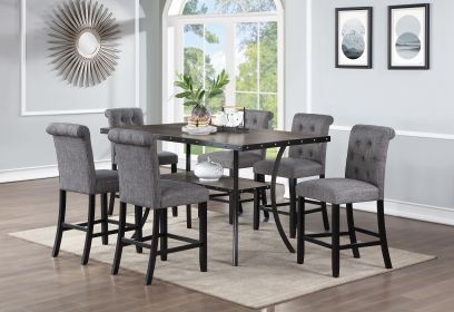 Dining Room Furniture Natural Rectangle Top Dining Table 6x High Chairs Charcoal Fabric Tufted Roll Back Top Chair Storage Shelve 7pc Counter Height D