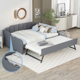 Full Size Upholstery Daybed with Trundle and USB Charging Design,Trundle can be flat or erected,Gray