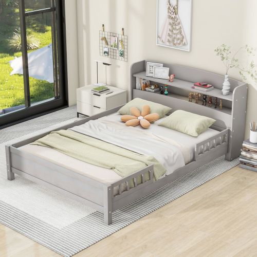 Wood Full Size Platform Bed with Built-in LED Light, Storage Headboard and Guardrail, Antique Grey Wood Full Size Platform Bed with Built-in LED Light, Storage Headboard and Guardrail, Antique Grey