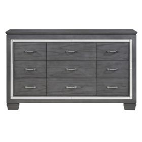 Modern Glam Bedroom Furniture 1pc Dresser of 9 Drawers Gray Finish Beveled Mirror Trim Faux Crystal Drawers Pulls