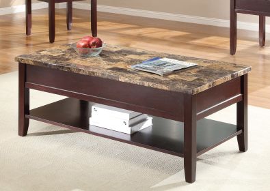 Dark Cherry Finish Wooden Lift Top Cocktail Table with Storage Shelf Faux Marble Top 1pc Contemporary Living Room Furniture