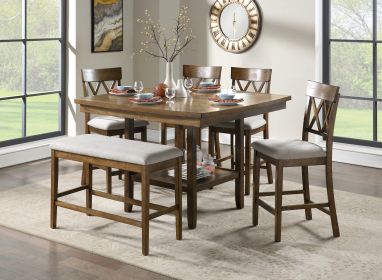 Contemporary 6pc Dining Set Counter Height Table Bench and 4 Counter Height Chairs Functional Lazy Susan Shelf Table Light Oak Finish Wooden Kitchen D