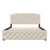 Queen Size Upholstered Platform Bed with Twin Size Trundle and 2 sets of USB Ports on each side, Linen Fabric, Beige