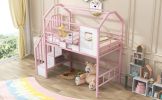 Metal Loft Bed with roof design and a storage box, Twin, Pink