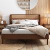 Modern Cannage Rattan Wood Platform Queen Bed, Walnut