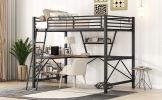 Full Size Loft Metal&MDF Bed with Desk and Shelf, Black