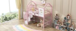 Metal Loft Bed with roof design and a storage box, Twin, Pink