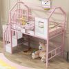 Metal Loft Bed with roof design and a storage box, Twin, Pink